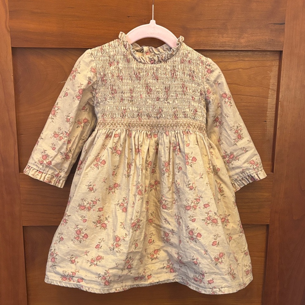 La Coqueta 3Y Cream Floral Smocked Long-Sleeve Dress